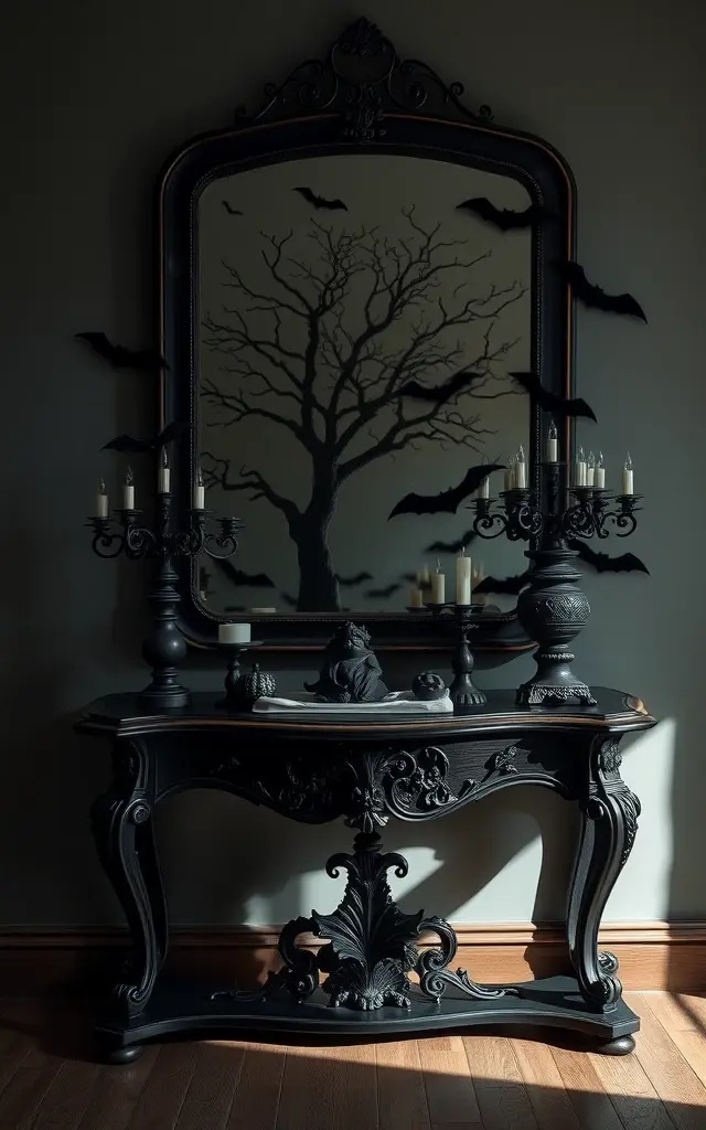 Spooky Silhouettes - Enhance the ambiance with playful yet eerie silhouettes. Cut out spooky shapes—ghosts, bats, or pumpkins—from black cardstock and hang them from the wall above your console table or place them on the table itself. These charming figures add character and a touch of whimsy, inviting joyful curiosity from all who enter.