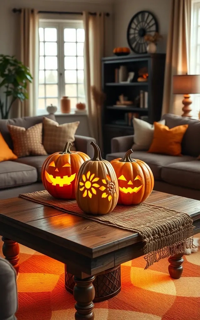 Jack-o'-Lantern Lanterns - Carve out whimsical designs in mini pumpkins, turn them into lanterns, and line your driveway or porch. Use battery-operated candles inside for a flickering effect that welcomes guests in a playful yet stylish way.
