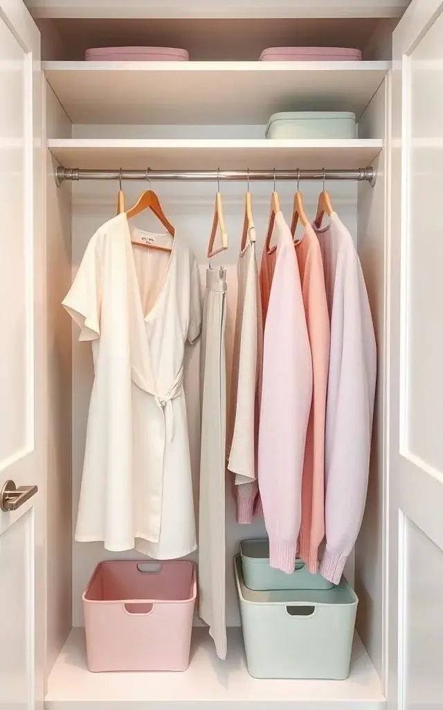Soft Pastel Palette - Incorporate gentle pastel hues for a delightful, feminine touch. Select hangers in soft blush or dove gray, paired with fabric bins in matching shades. This design emanates warmth and comfort, transforming your closet into a lovely retreat that embodies both style and tranquility.