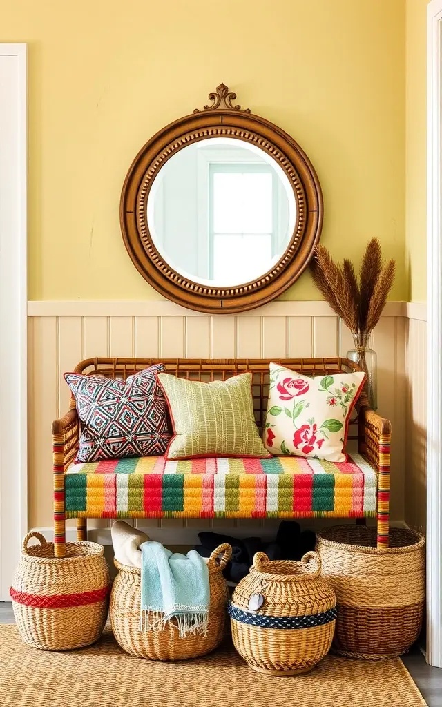 Eclectic Harmony - Embrace a mix-and-match aesthetic by combining a vintage bench with eclectic baskets. This design philosophy celebrates diversity, allowing for personal expression while ensuring that each element contributes to a cohesive, curated look.