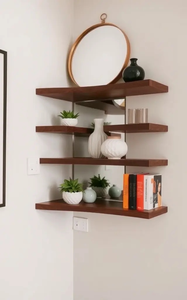 Mystique of Mirrors - Channel the allure of reflection with the Mystique of Mirrors design. Floating shelves finished in mirrored glass create an illusion of depth and space, reflecting light and color throughout your room. Accentuate the drama by showcasing vibrant art pieces that pop against the reflective backdrop, making every item feel like a showstopper.