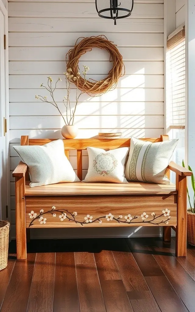 Rustic Reverie: The Farmhouse Chic Bench - Crafted to evoke the warmth of a cozy farmhouse, this hand-painted bench showcases earthy tones and charming rustic motifs. Picture it nestled in your entryway, where it offers a welcoming hug to all who enter. The gentle colors and handcrafted details create a feeling of belonging, making it a perfect spot for heartfelt conversations and cherished memories.