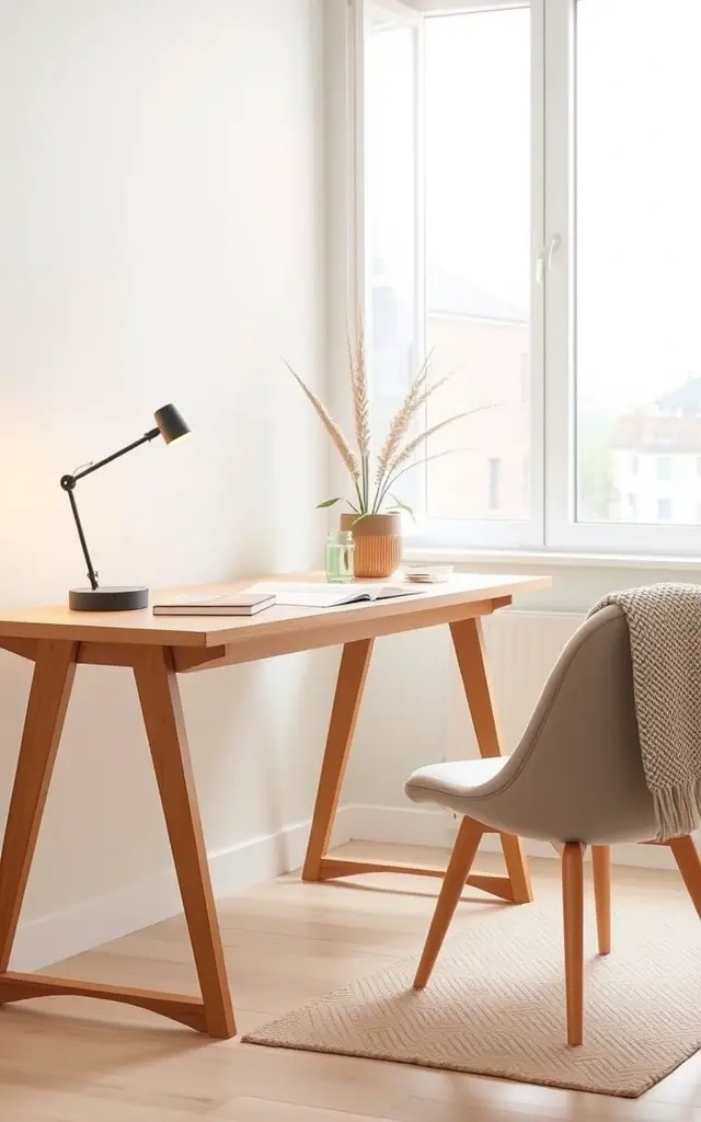 The Gentle Glow - Introduce soft lighting with Scandinavian-inspired lamps that cast a warm glow. Choose designs with natural materials like cork or bamboo to maintain the earthy aesthetic. These lamps not only illuminate your workspace but create a cozy atmosphere, perfect for late-night inspirations.