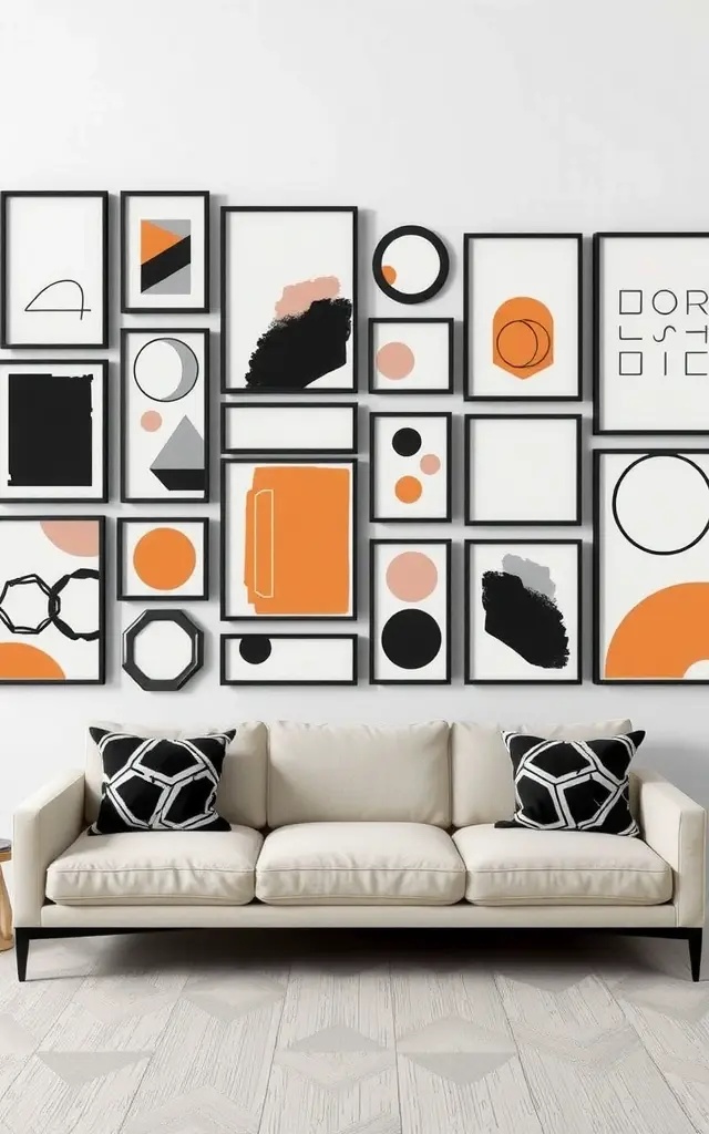 Unexpected Geometry - Break the mold by arranging your black frames in unexpected geometric patterns. Consider circles, triangles, or even organic shapes that defy conventional rectangles. Select abstract prints that mirror these shapes, creating a cohesive yet surprising visual experience that dances across your wall.
