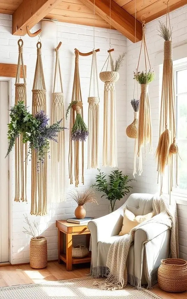 Rustic Charm Corner - Find that lonely corner in your home and give it life! Hang a larger macrame piece adorned with an assortment of dried herbs and flowers. This corner can become a cozy reading nook or a serene spot for reflection, adding character without clutter.
