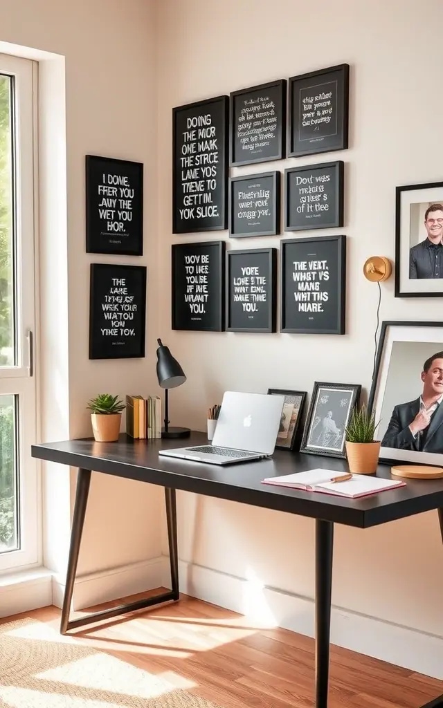 Deskside Motivation - Place a single, striking black frame with a bold quote right on your desk. This not only serves as a daily reminder of your goals but also acts as a chic focal point for your workspace. Pair it with a stylish desk lamp or a small succulent to create an inviting work environment that sparks productivity.