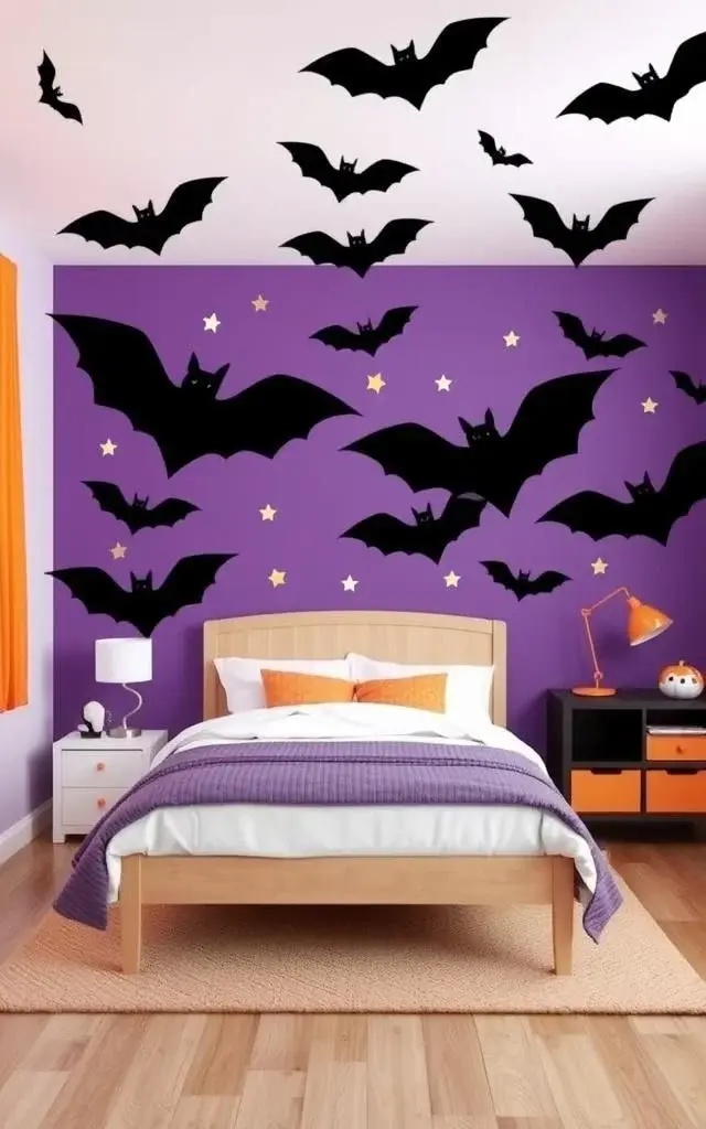 Pattern Play with Bats - Dare to play with patterns! Use bat stickers to create a dynamic accent wall. Arrange them in a non-traditional, asymmetrical pattern, defying the classic grid layout. This bold approach can breathe life into an otherwise subdued color palette.