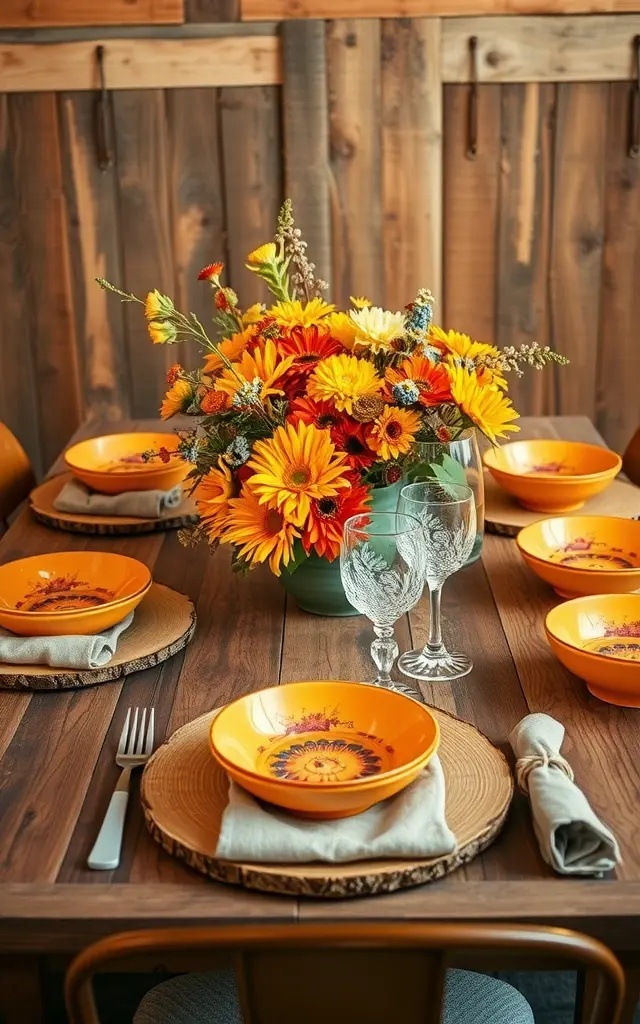Floral Frenzy: The Unexpected Element - Who said flowers should always be centerpieces? Use clusters of wildflowers in vibrant hues of orange and red scattered across the table. Go for an unkempt, wildflower look rather than perfectly arranged bouquets. Let the blooms breathe and spill over the edges of your rustic setup—kinda like how your family spills the tea during dinner!