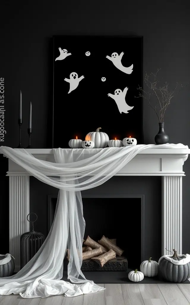 Monochrome Magic: Striking Simplicity - Harness the power of black and white for a bold, modern aesthetic. Use a stark white garland interwoven with black ribbons and accents. Incorporate sleek, sculptural elements like ceramic skulls or minimalist pumpkin shapes. The result is a stunning juxtaposition that embodies sophistication while inviting a playful spookiness.