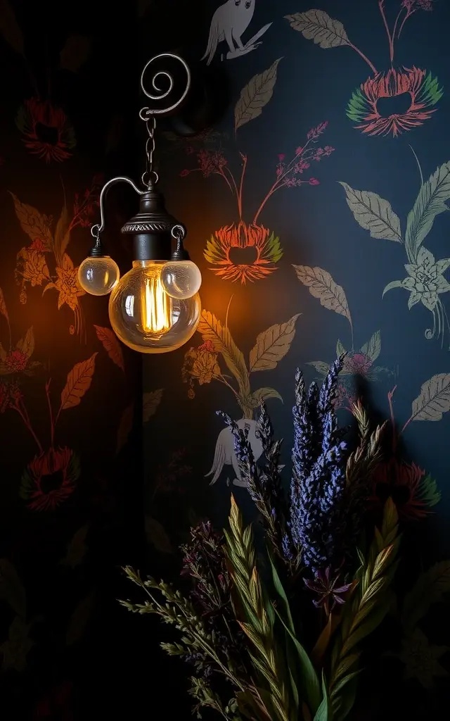 Hauntingly Beautiful Botanicals - Infuse your walls with nature’s charm through wall sconces that feature intricate botanical designs. These sconces are adorned with dark-hued metal frames and vibrant faux foliage, artfully arranged to mimic an enchanting forest. When lit, they cast eerie yet beautiful patterns that evoke a sense of mystery—perfect for setting the mood for an elegant soirée.