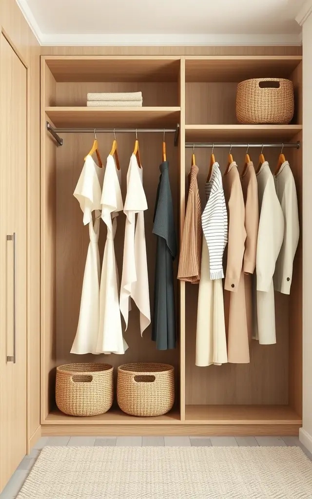 Timeless Textures - Combining various textures can elevate your closet’s aesthetic. Use velvet hangers in warm neutrals alongside textured fabric bins that add dimension and richness. This design creates an inviting space that encourages a tactile experience, ensuring each outfit feels as luxurious as it looks.