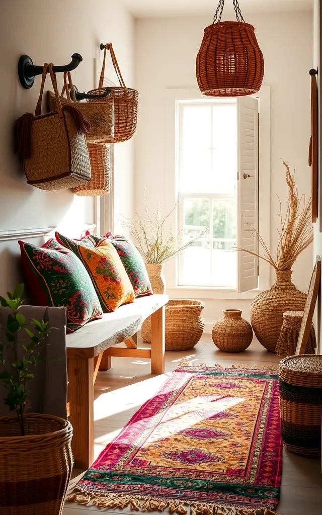 Bohemian Retreat - Opt for a plush, upholstered bench complemented by colorful, patterned baskets. The rich textures and vibrant colors create an inviting ambience that evokes a sense of bohemian escapism, perfect for those who embrace a laid-back, artistic lifestyle.