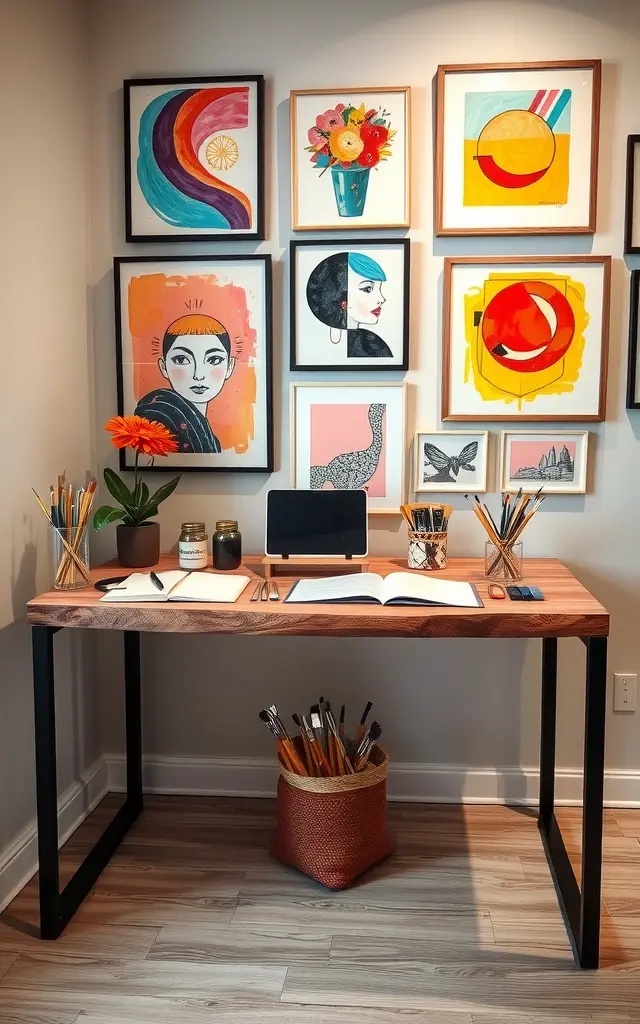 Artistic Expression Corner - Unleash your creative spirit with an artistic expression corner! Dedicate a space for art supplies, a corkboard for inspiration, and a vibrant mural or statement wallpaper. This dynamic environment encourages spontaneous creativity while surrounding you with color and imagination, turning your workspace into a gallery of personal expression.