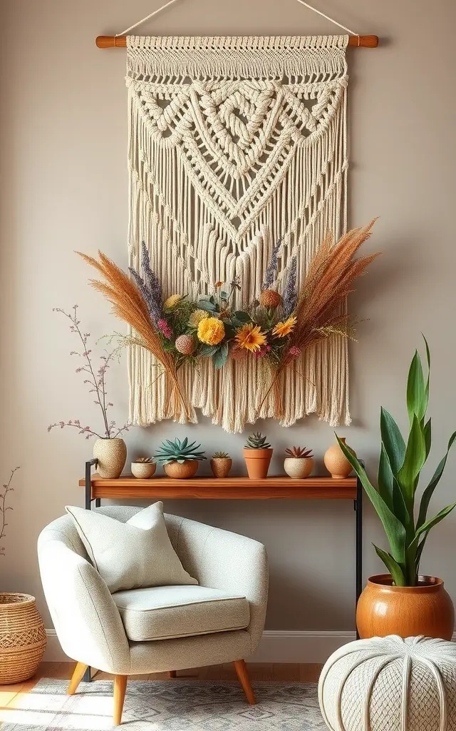 Seasonal Swag - Why settle for one look when you can change it with the seasons? Create a series of smaller macrame hangings that can be swapped out with seasonal dried flowers. This lets you refresh your space effortlessly and keeps your decor dynamic and engaging.