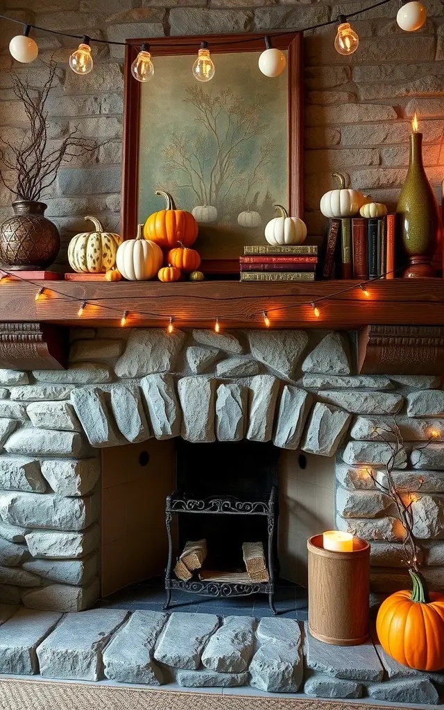 Illuminated Inspiration: Beyond the Ordinary - Swap traditional mantel lights for fairy lights woven through your decor. This soft illumination adds a magical touch, casting a warm glow on your pumpkins and candles. Opt for battery-operated strands for simple placement and a tangle-free experience.