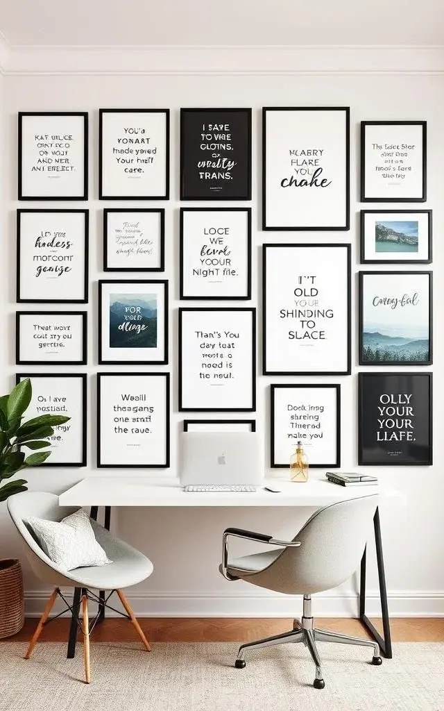 Gallery Wall of Drive - Curate a gallery wall dedicated solely to motivation. Select a few carefully chosen quotes and frame them in black, mixing in some small shelves for plants or personal mementos. This wall can serve as your daily source of inspiration, inviting creativity and focus every time you look up from your screen.