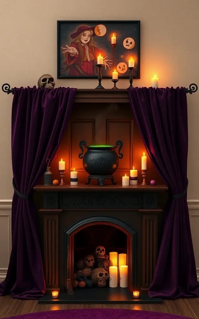 Candlelit Cauldron: A Cozy Coven - Set the stage for a magical evening with an array of flickering candles in various heights, surrounded by a lush garland of greens. Interlace fine spiderwebs that shimmer in the candlelight, creating an ethereal glow. Add small cauldrons or potion bottles for a charming witchy flair, inviting warmth and whimsy into your Halloween celebrations.