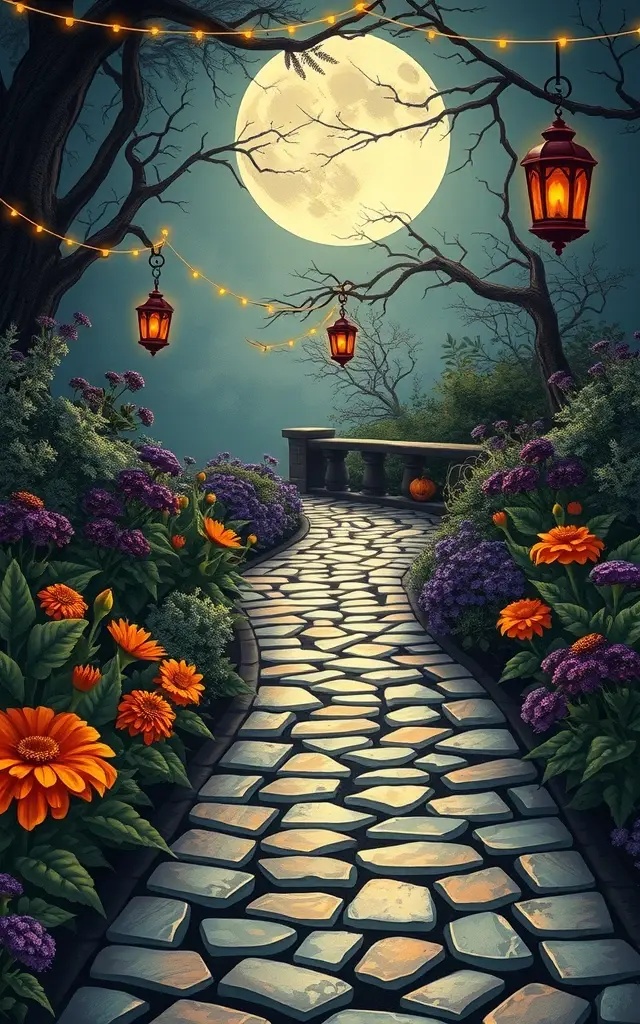 Moonlit Garden Path - Guide your guests with a path that glows like the moonlit sky. Lay down a bed of soft hay or rustic wood chips, and line the way with lanterns filled with flickering candles. Drape the path with delicate fabric ghosts that sway gently in the evening air, and consider placing fun, oversized spiders peeking out from the corners. This inviting pathway will lead your visitors on a cozy adventure through your hauntingly beautiful yard.