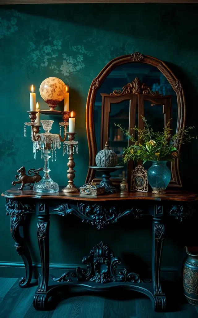 Mystical Mood Board - Turn your console table into a storytelling mood board! Select an assortment of curated items—a vintage book, an antique clock, or a framed photo with an artistic flair. This collection tells a story, drawing guests in and creating lasting memories as they explore the narrative woven through your decor.