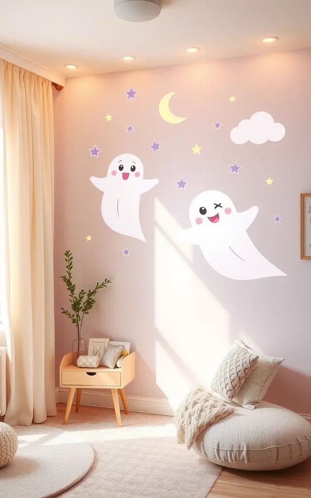 Ethereal Kids’ Corner - Create a dreamy space for the little ones with friendly ghost decals that spark imagination! Paint the walls in soft pastels and layer the ghosts amongst clouds and twinkling stars. Combine this enchanting scene with cozy cushions, whimsical toys, and playful lighting. This kids' corner will not only captivate their hearts but also inspire creativity, making it the ultimate hideaway for adventures in both dreams and play.