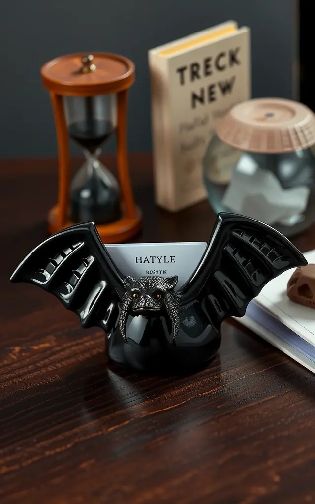 Batty Business Card Holder - Keep your professional connections in line with a holder shaped like a soaring bat. Made from sleek matte black metal, it’s not just a conversation starter; it's a statement of individuality. It holds your cards with style and a hint of attitude—no more boring cardholders for you!