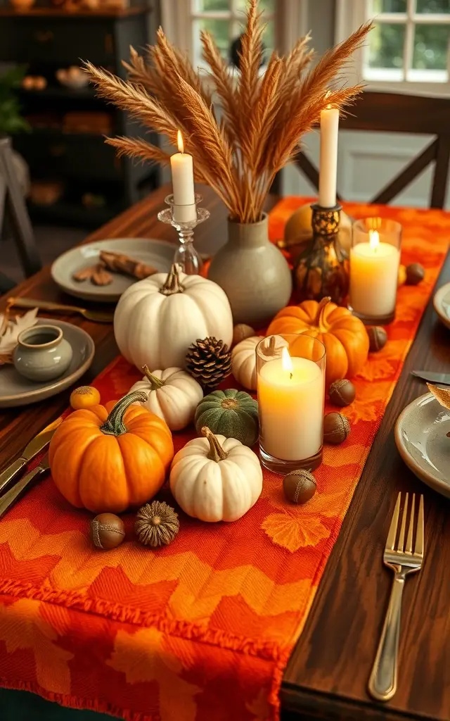 Tabletop Harvest Glow - Create a stunning tablescape by placing pumpkins of varying sizes on a mirror tray with tea lights. The reflection will amplify the warm glow, making your dining experience feel like a feast under the harvest moon.