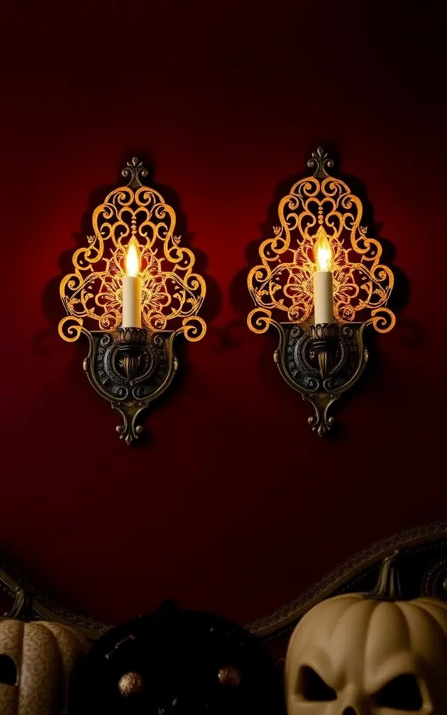 Victorian Lace Elegance - Embrace the timeless allure of Victorian design with lace-inspired wall sconces that blend elegance and edge. These sconces feature ornate metalwork with a lace-like pattern, illuminated by soft, flickering candlelight. Ideal for creating an intimate atmosphere, they add a romantic touch to your Halloween festivities, inviting guests to bask in their warm glow.
