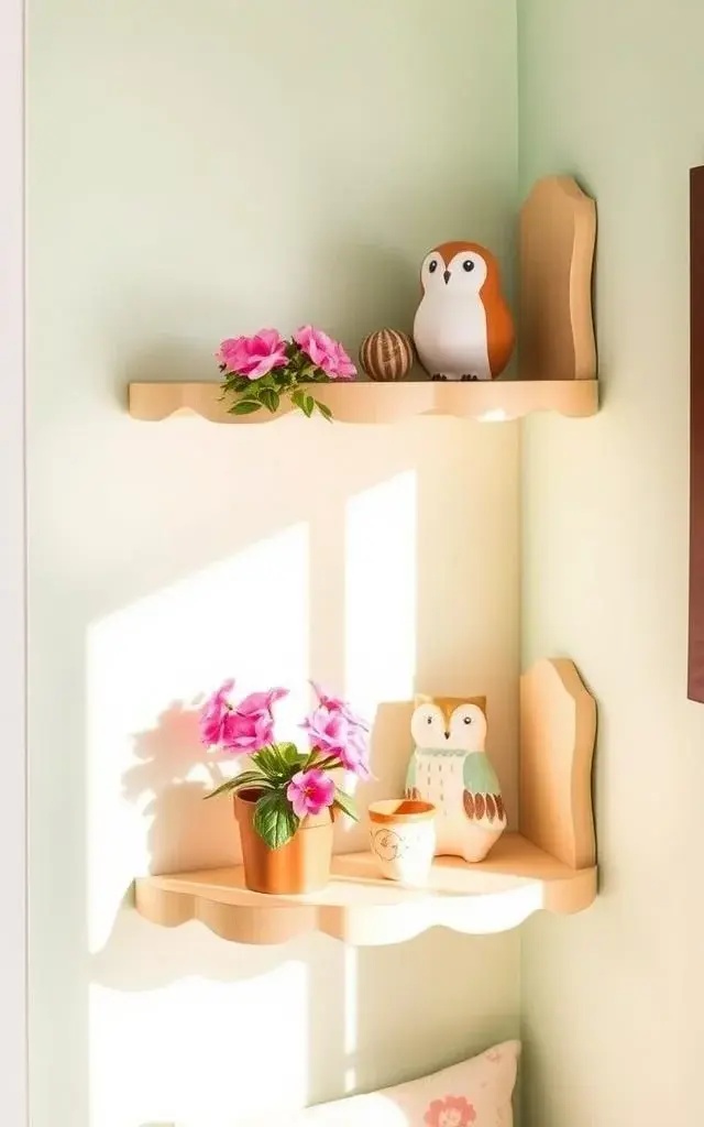 Whimsical Wonderland - Let your imagination run wild with the Whimsical Wonderland! This playful installation features floating corner shelves painted in bold, unexpected colors, adorned with eclectic decor items. Infuse your personality into the design with quirky accents like fairy lights or whimsical figurines, making your corner a vibrant and inviting escape from the ordinary.