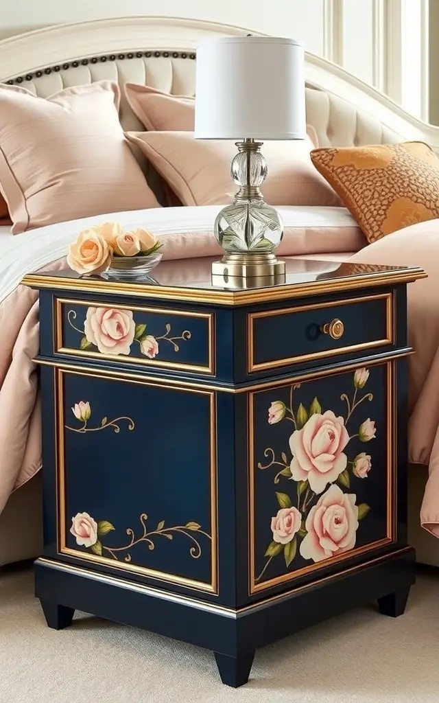 Glimmer of Elegance: The Luxe Nightstand - A nightstand adorned with hand-painted metallic accents and soft pastels can elevate your bedroom into a sanctuary of elegance. Each shimmering detail catches the light, creating a magical atmosphere as night falls. This piece not only holds your essentials but also infuses your space with a sense of luxury and tranquility, ensuring restful nights and beautiful dreams.