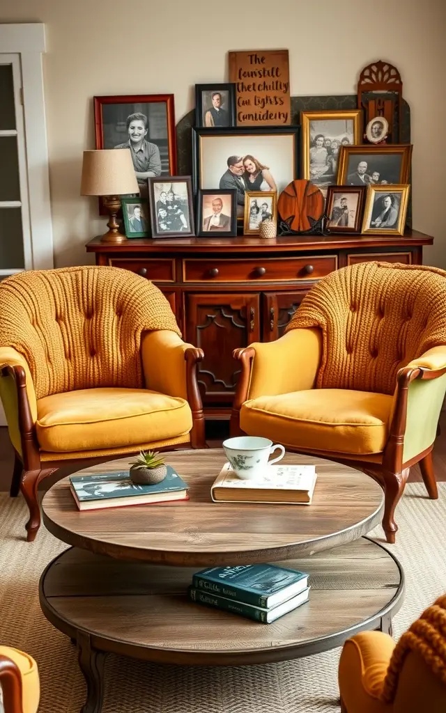 Warmth of Collective Memories - Curate a collection of vintage armchairs around a communal coffee table, each adorned with distinct knitted throws and cushions. This arrangement fosters a sense of togetherness, where stories can be shared and laughter can echo. The inviting nature of this setup embraces the warmth of companionship, making every gathering feel like a cherished memory.