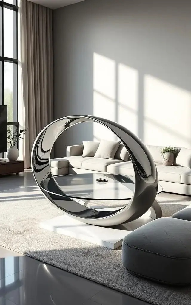 The Infinity Loop Coffee Table - With its mesmerizing, continuous loop design, this coffee table is a statement of modern artistry. Made from sleek metal and tempered glass, it elegantly reflects light and creates an illusion of depth, making your living area feel both spacious and sophisticated. Perfect for showcasing your favorite books or decorative accents.