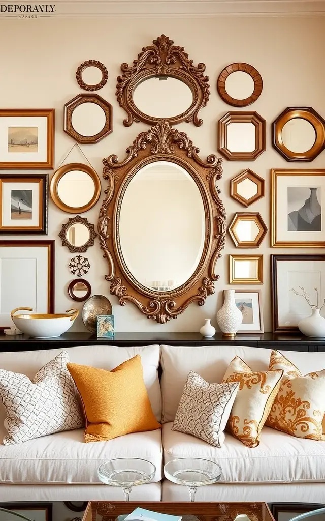 Gallery Wall Glamour - Turn your gallery wall into a playful mix of art and reflection. Choose smaller, carved mirrors in varying shapes and sizes to complement your artwork. This eclectic yet harmonious setup not only showcases your personality but also creates a visual depth that draws the eye, ensuring your decor stays memorable and engaging.