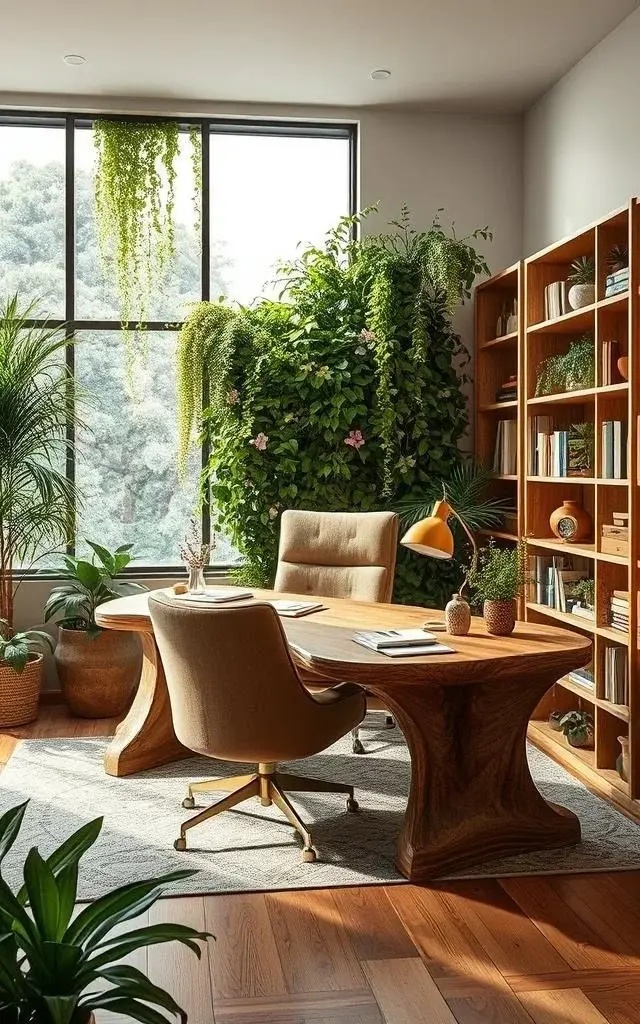 Nature's Embrace - Invite the serenity of the outdoors within by integrating biophilic design elements—lush greenery, airy textiles, and natural wood accents. A living wall or potted succulents can act as a refreshing backdrop, enhancing focus and breathing life into productivity.