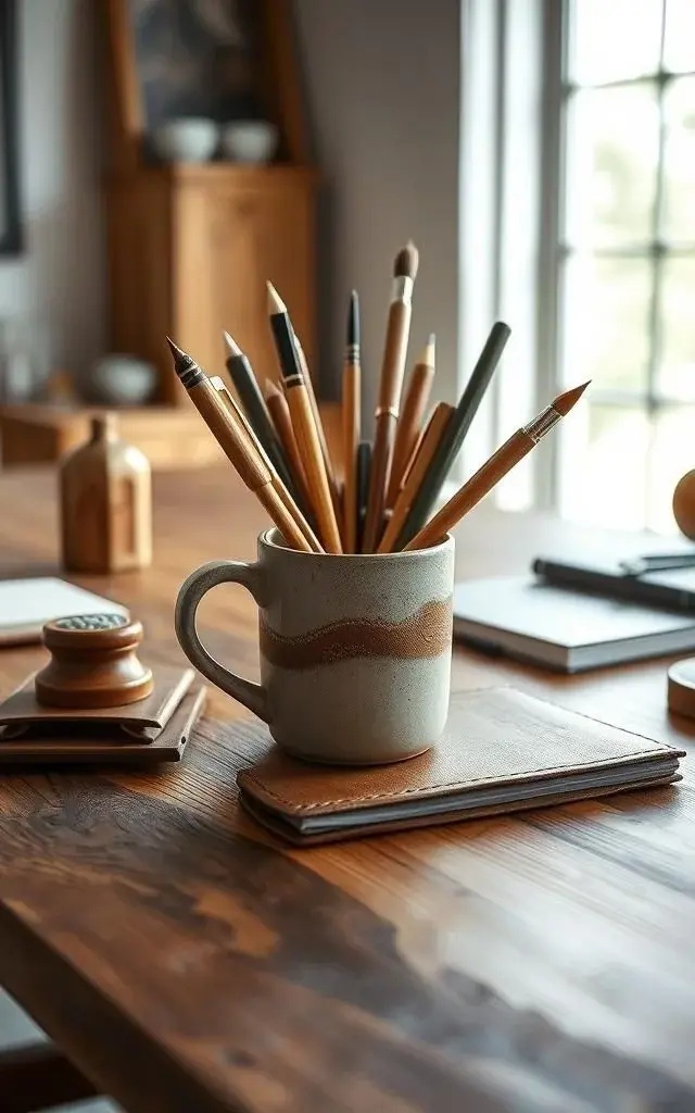 Artisan-Inspired Desk Accessories - Trade mass-produced office supplies for artisan-crafted desk accessories. Think hand-thrown ceramic pen holders or handcrafted wooden organizers. These pieces not only keep your essentials tidy but also tell a story, allowing your workspace to reflect your appreciation for craftsmanship and design.