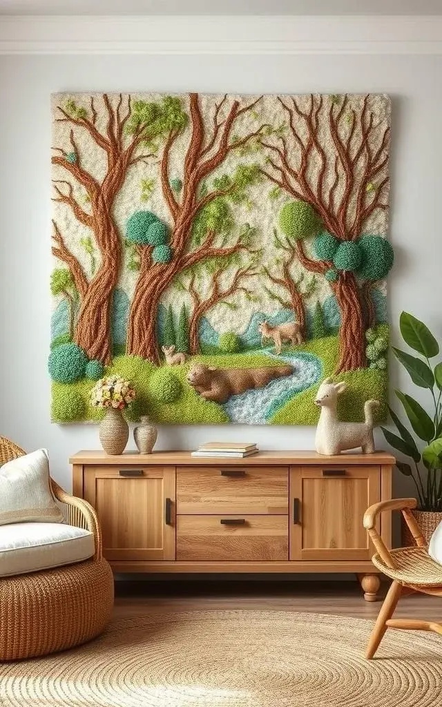 Whimsical Woodland - Bring the outdoors in with whimsical fiber art inspired by the forest. Choose panels depicting intricate leaf patterns and earthy colors that evoke a gentle walk through the woods. Arrange these panels in a staggered formation over a rustic wooden console. The interplay of textures will stir nostalgia for sunlit glades and the soothing sounds of nature, creating a serene yet playful entryway.