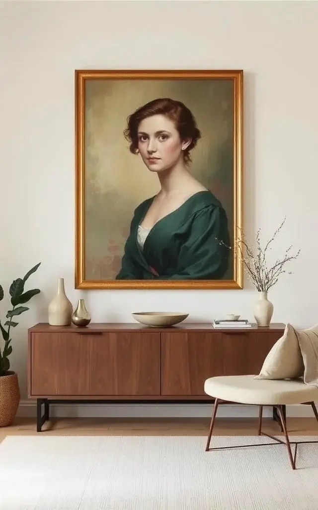 Vintage Reverie: A Timeless Portrait - Incorporate a large vintage portrait or a modern reinterpretation as your focal point. Frame it in an ornate gold frame and mount it above a classic console table, creating a gallery vibe. This piece tells a story while grounding your space in elegance.