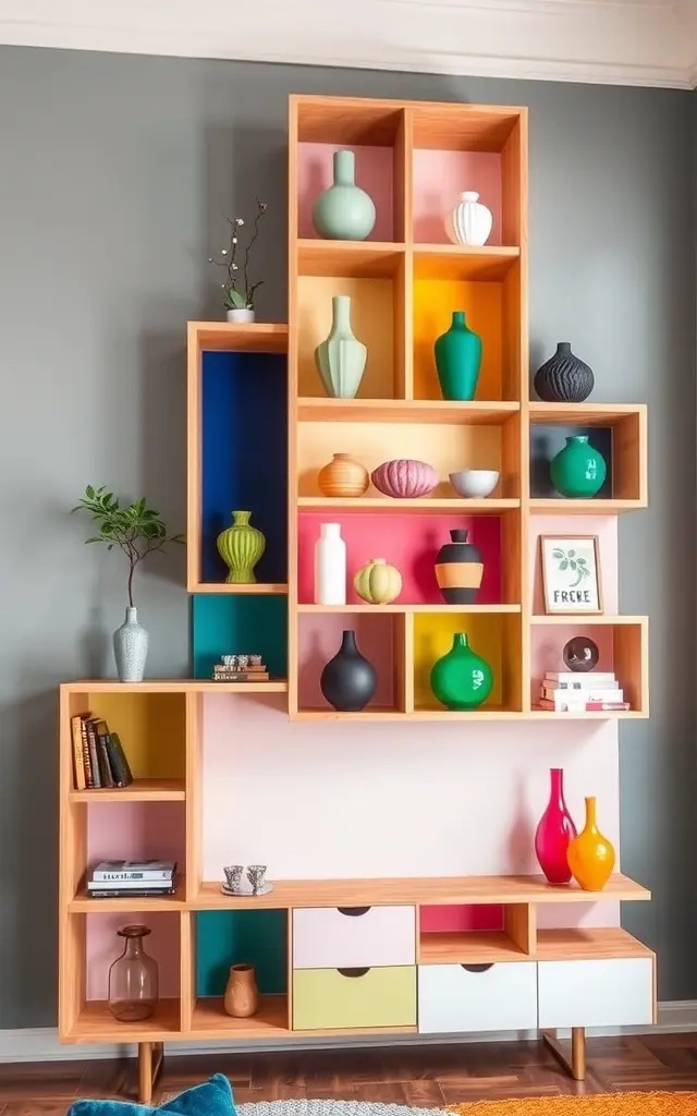 Color Pop Pinnacle - Why settle for neutrals? Go bold with a riot of colors! Stack colorful books or display vibrant art pieces on one side while keeping the other side lighter. This playful contrast brings energy to the shelf, turning it into a conversation starter that feels youthful and inviting.