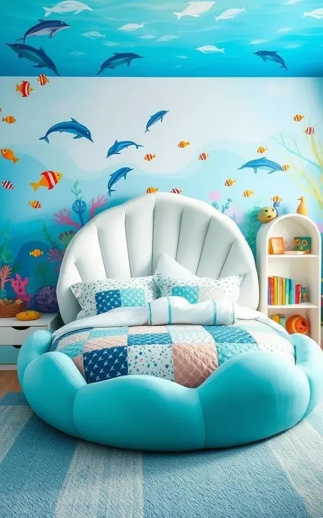 Underwater Utopia - Dive into a vibrant aquatic scene with oversized fish, coral reefs, and playful sea creatures. This mesmerizing mural idea can transform a bathroom or playroom into an enchanting underwater paradise, appealing to kids and adults alike who dream of ocean adventures.