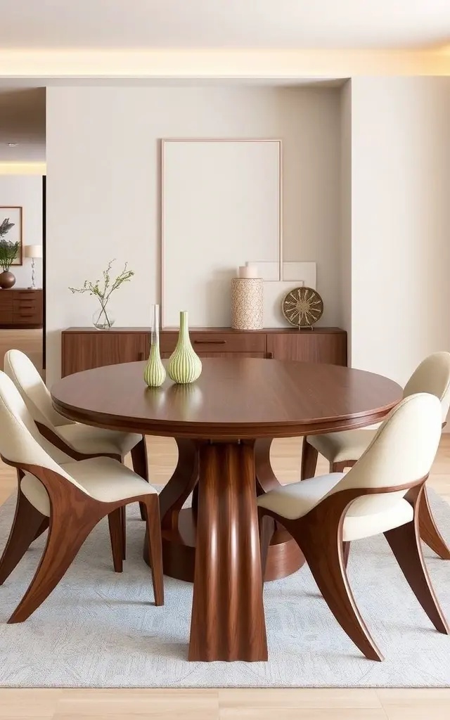 The Harmonious Arc Dining Set - Bringing people together through its inviting form, this dining set features a gracefully arched table and matching chairs. Made from sustainable materials, its design encourages connection and conversation, enhancing your dining experience. Share meals in an atmosphere that celebrates both nature and artistry.
