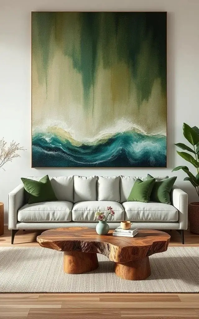 Nature's Canvas: Organic Elements - Introduce a large, natural piece of art—think driftwood, a moss installation, or a preserved botanical display. This earthy touch brings the outdoors in, fostering a sense of calm and connection to nature. Style it against a soft-toned wall to amplify its organic beauty.